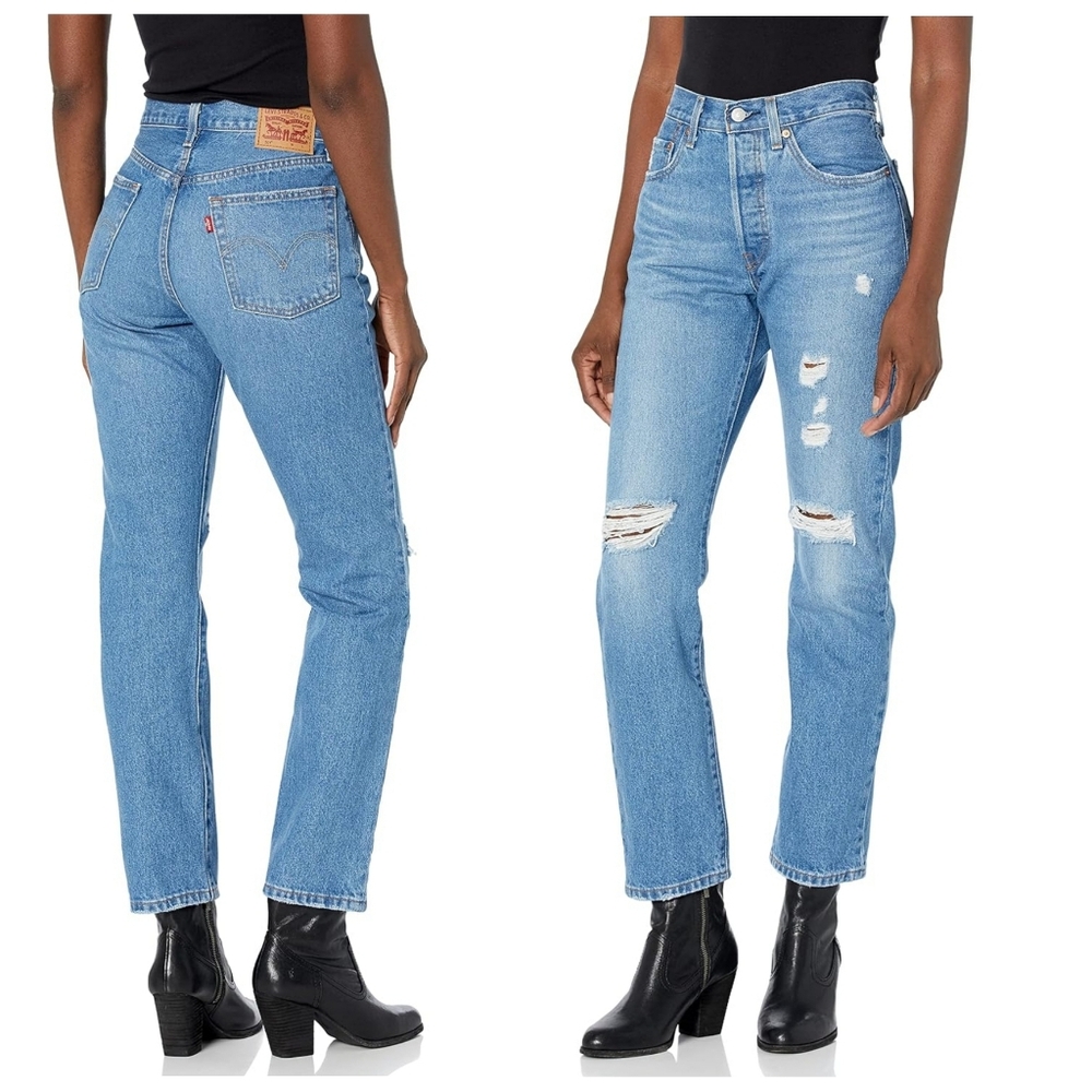 NEW Levi's 501 High Rise Straight Leg Distressed Blue Jeans, 29" x 30"